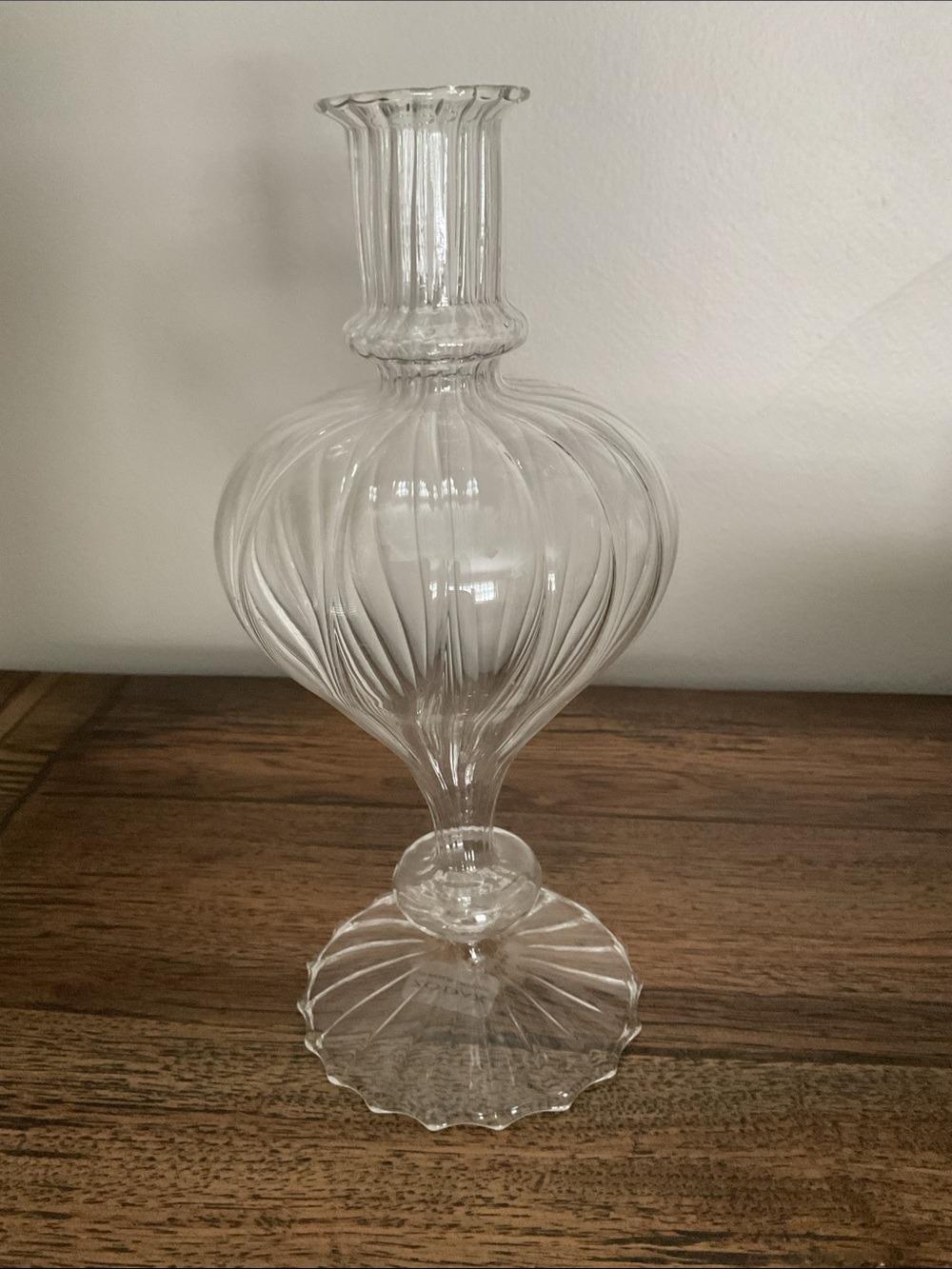 Zodax Ribbed Clear Glass Pedestal Vase NEW